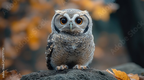 A close-up view of an owl perched on a rock, looking directly at the camera photo