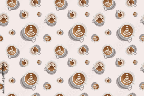 Bright seamless pattern of vector illustrations depicting hot coffee cups from a top view. Vector artwork of mugs with latte art made of frothed milk. Beverage-themed design.