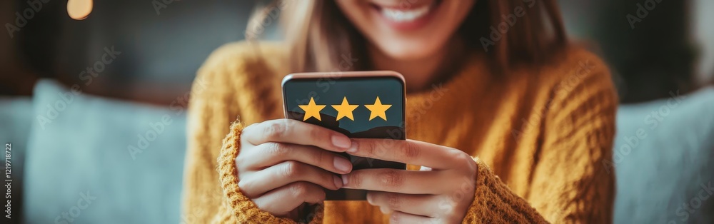 Fototapeta premium A person leaving a 5-star review on a smartphone. Ideal for use in online reviews, customer satisfaction, and reputation management themes.