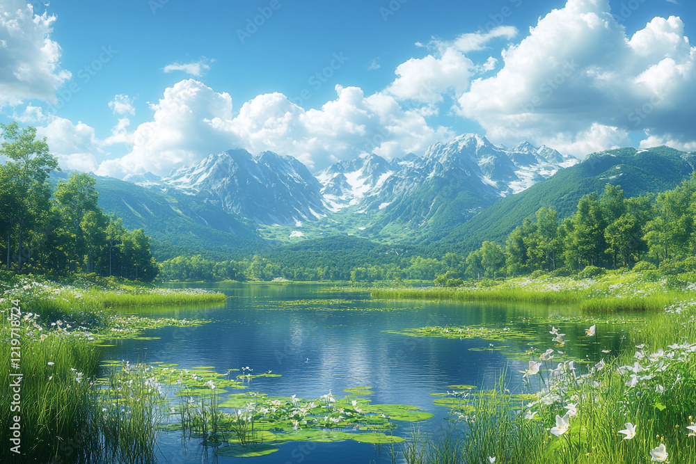 Fototapeta premium Serene Mountain Lake Landscape With Lush Vegetation