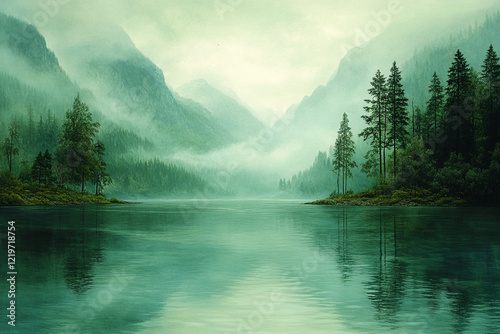 Serene Mountain Lake Mist Shrouded Conifers
