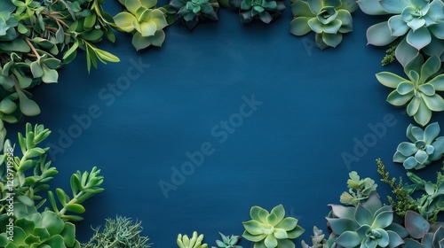 Composition verdant foliage borders a calm blue background, blending vibrancy and serenity for an eye-catching design. photo