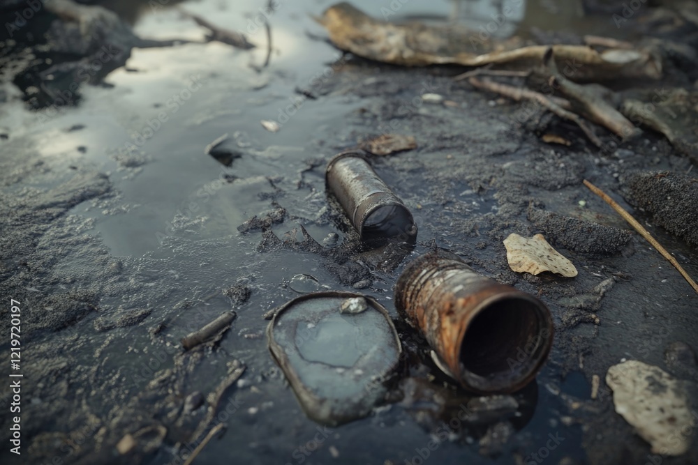 Fototapeta premium A single water bottle sits atop muddy terrain, great for outdoor or adventure scenes