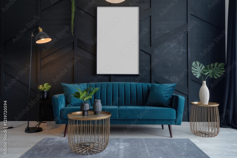 Obraz premium Modern living room with a teal sofa gold accent tables and plants.