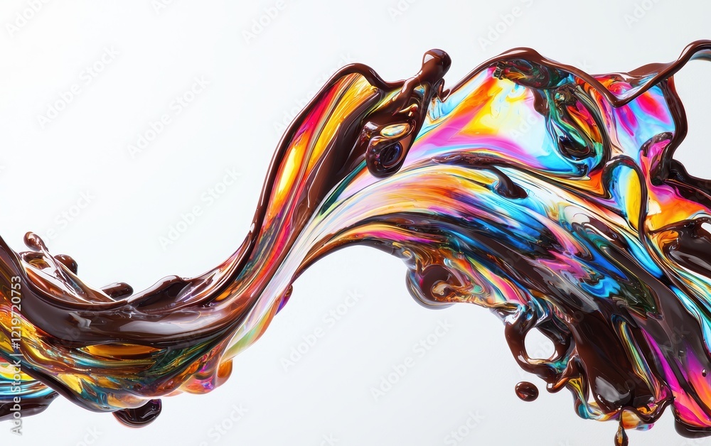 Fototapeta premium Dynamic swirl of glossy melted chocolate in vivid rainbow colors, splashing against a clean white background