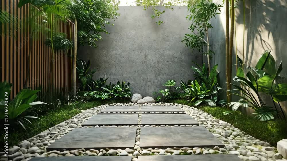 Tranquil garden pathway with stones and greenery in a serene outdoor setting