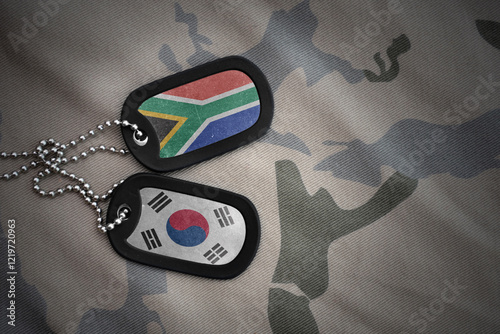 vintage army blank, dog tag with flag of south africa and south korea on the khaki texture background. military concept. photo