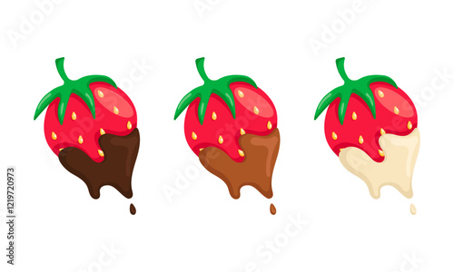 Strawberries dipped in chocolate. Vector of tasty strawberries in white, milk and dark chocolate. Sweet dessert illustration. Flat design isolated on white background