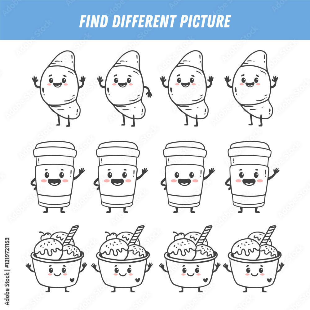 Find different picture each row. Logical game for kids. Cartoon character. Croissant, coffee, ice cream in doodle style. Vector illustration Find different picture each row. Logical game for kids. Cartoon character. Croissant, coffee, ice cream in doodle style. Vector illustration
