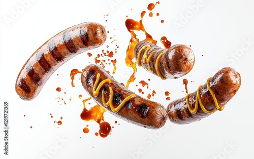 Grilled sausages flying mid-air with mustard and ketchup splashes on white. photo