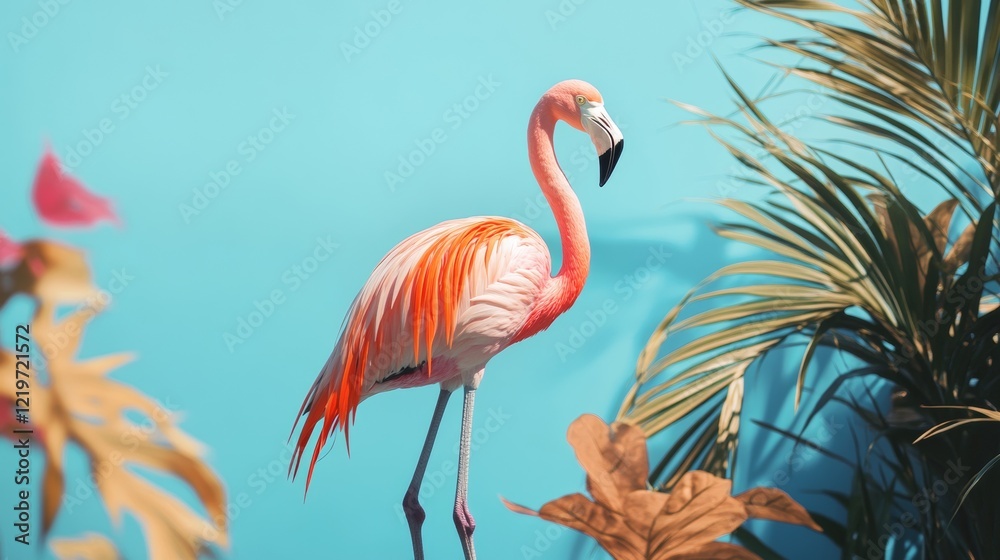 Fototapeta premium Flamingo in Tropical Environment with Blue Background