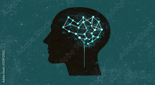 Abstract silhouette of a human head with glowing neural connections, symbolizing artificial intelligence, innovation, and cognitive technology; perfect for tech, neuroscience, and futuristic theme