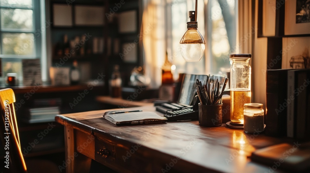 Rustic Office Desk with Warm Lighting Rustic Office Desk with Warm Lighting