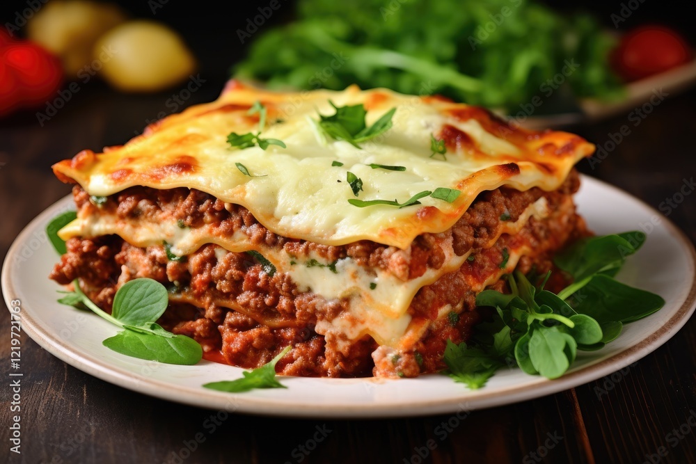 Italian or Greek restaurant favorite Homemade lasagna with beef or vegetables ricotta cheese spinach onions garlic baked with cheese