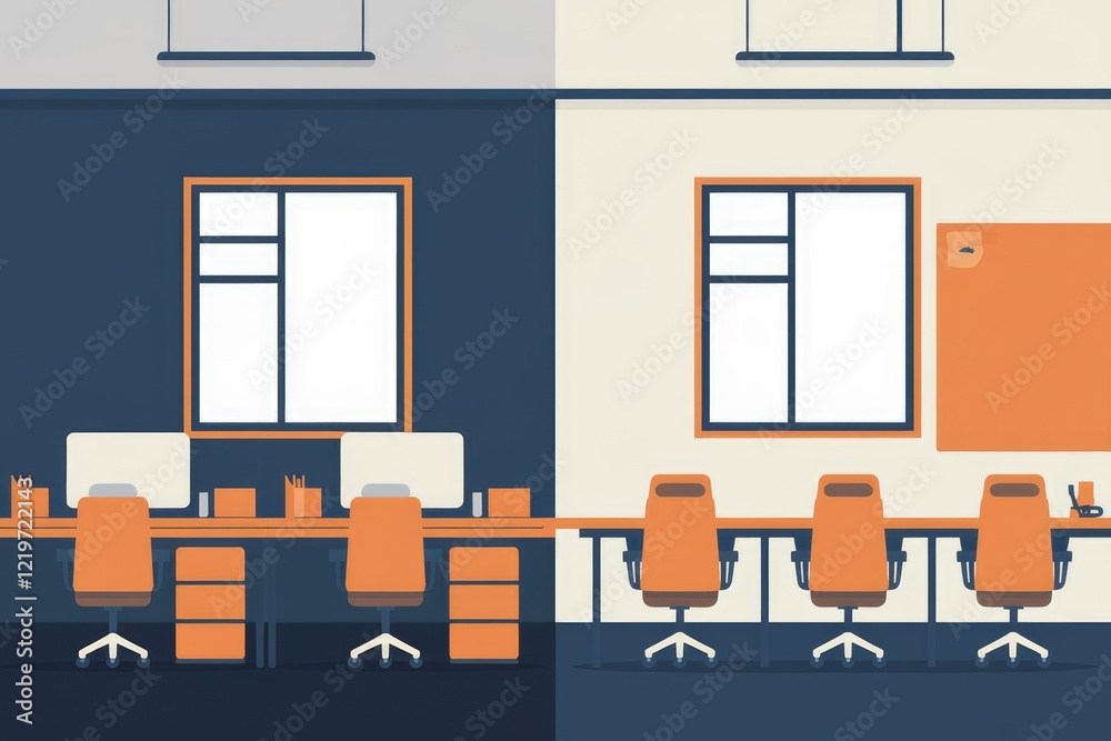 Fototapeta premium Modern office interior with desks and chairs minimalist design.
