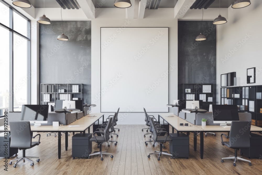 Modern office interior with large blank wall desks and computers. Modern office interior with large blank wall desks and computers.