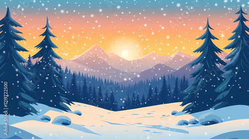Picturesque winter landscape of snowy valley with coniferous woods at sunset. Winter Woods. Illustration