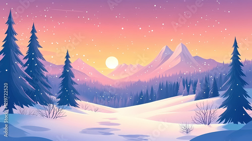 Picturesque winter landscape of snowy valley with coniferous woods at sunset. Winter Woods. Illustration