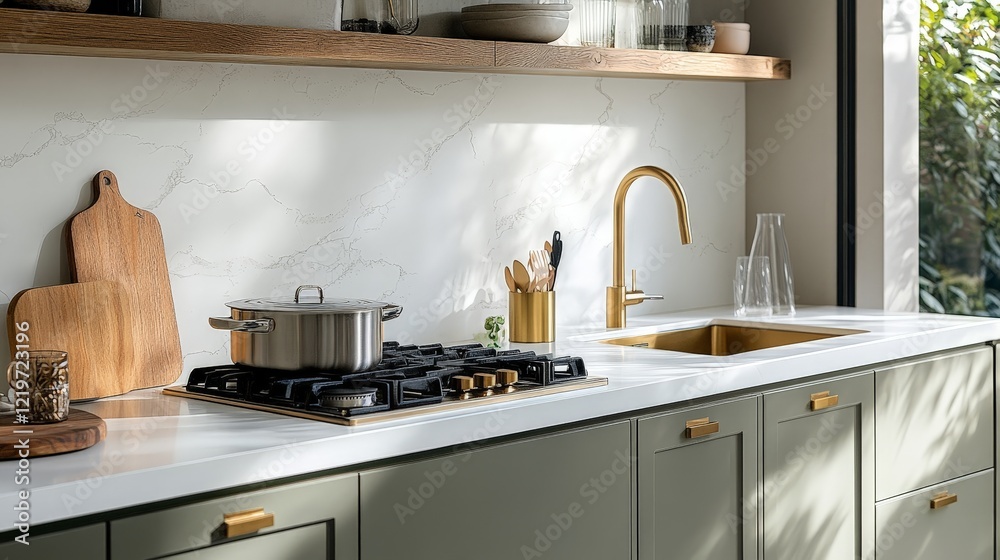 Fototapeta premium A contemporary kitchen with golden accents and modern design. Suitable for interior design projects, luxury real estate listings, and home improvement ads.