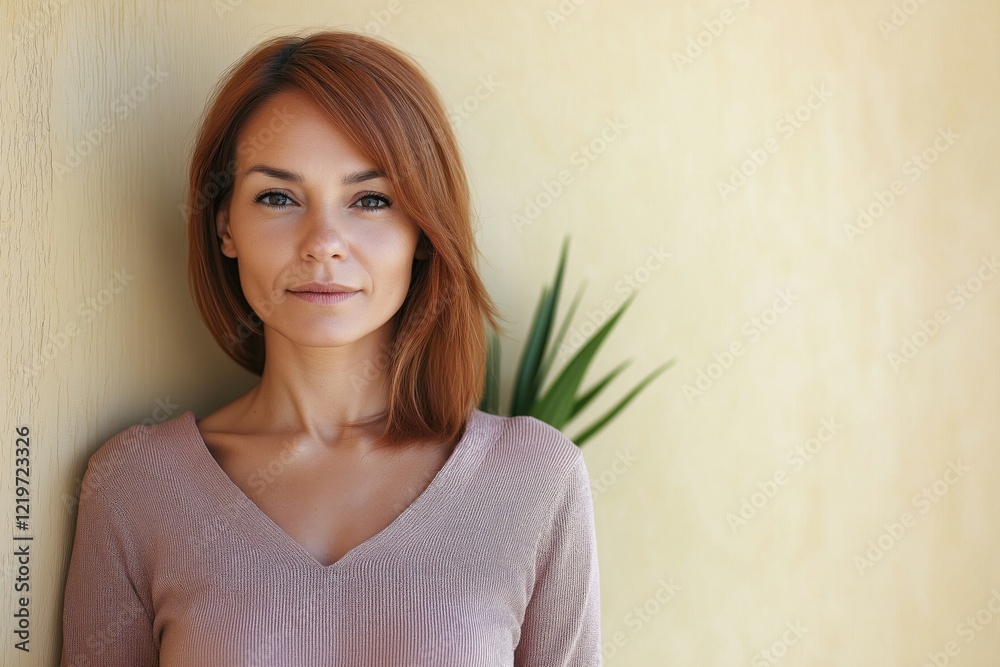 Beautiful emotional portrait of astonished young woman against yellow background with serene expression and soft colors Beautiful emotional portrait of astonished young woman against yellow background with serene expression and soft colors