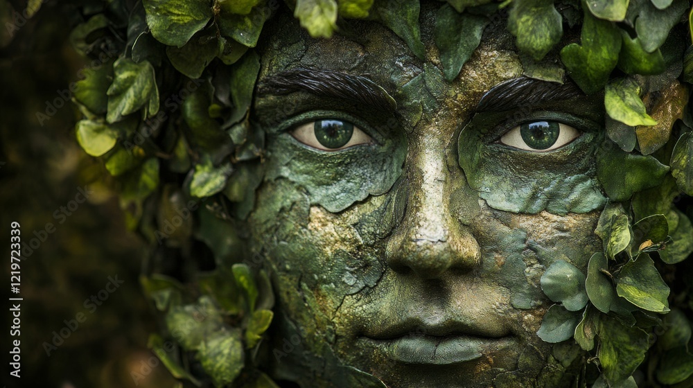 Artistic Face Sculpture Covered in Green Leaves Artistic Face Sculpture Covered in Green Leaves