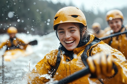 Diverse group of adventurers enjoying canyoning slides in neoprene suits amidst a beautiful landscape with splashes of water
