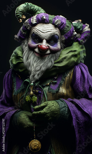 Fat green and purple medieval jester character with dark fantasy style beard, photorealistic. Black background. Mardi Gras.