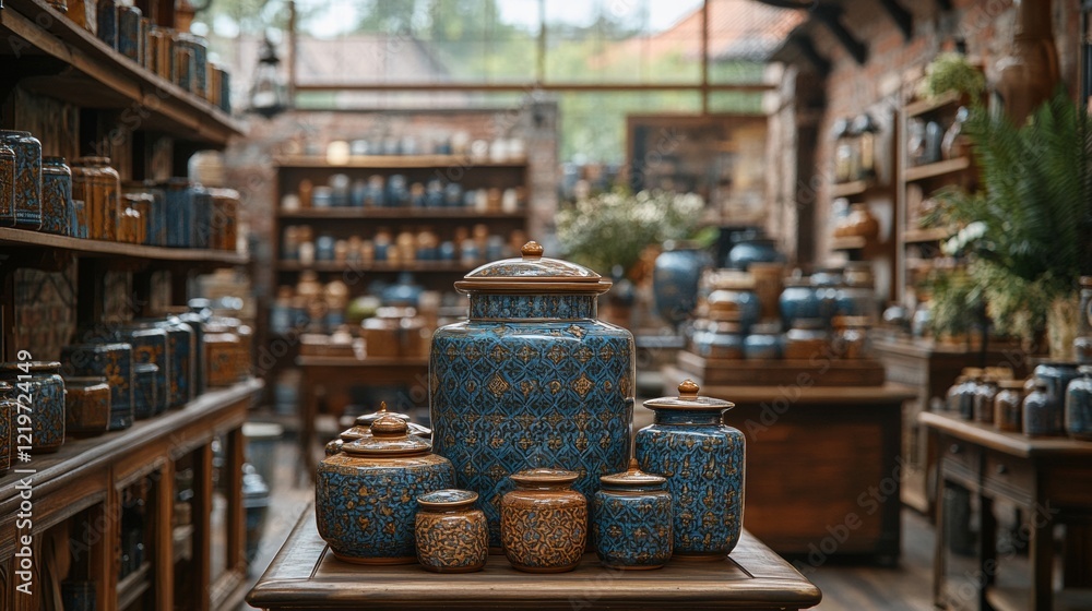 Artisan Ceramics Displayed in a Rustic Store Setting