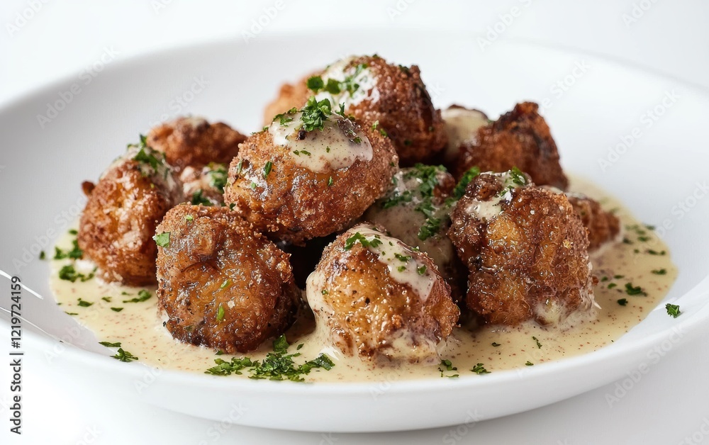 Fried button mushrooms with creamy truffle sauce, dynamically arranged, bright white background Fried button mushrooms with creamy truffle sauce, dynamically arranged, bright white background
