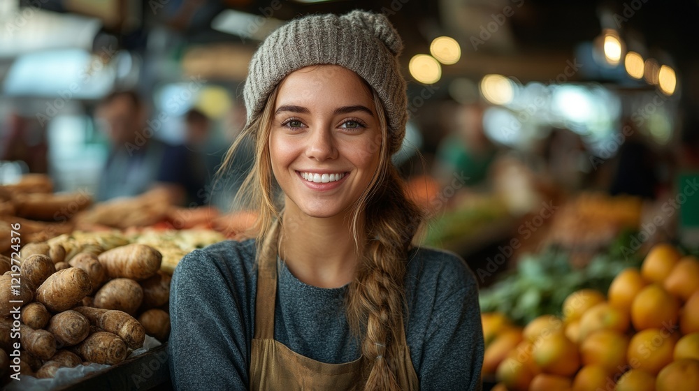 Smiling Woman at Vibrant Market Stall Smiling Woman at Vibrant Market Stall