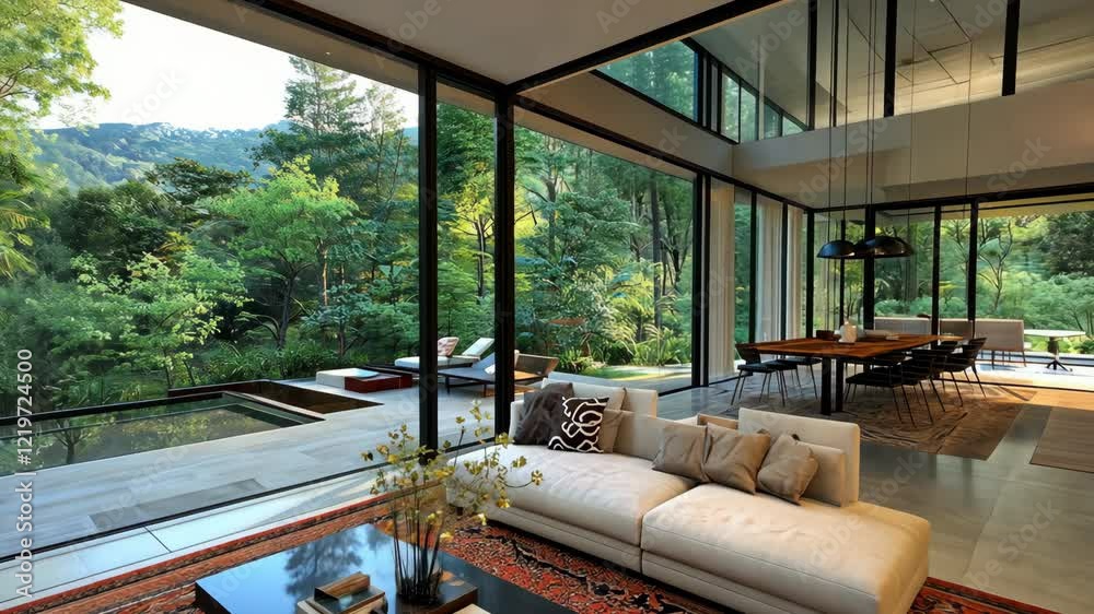 Modern living room with panoramic views of lush greenery and outdoor terrace in a serene mountain setting Modern living room with panoramic views of lush greenery and outdoor terrace in a serene mountain setting