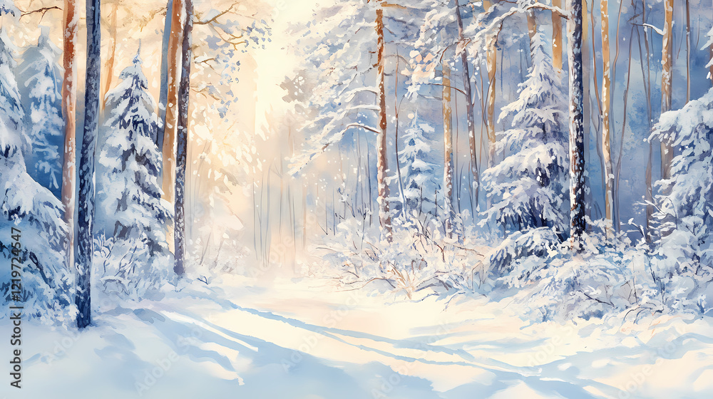 Fototapeta premium Winter spruce forest with the snow-covered spruces hand drawn in watercolor isolated on a white background. watercolor winter illustration. winter landscape. Winter Woods. Illustration
