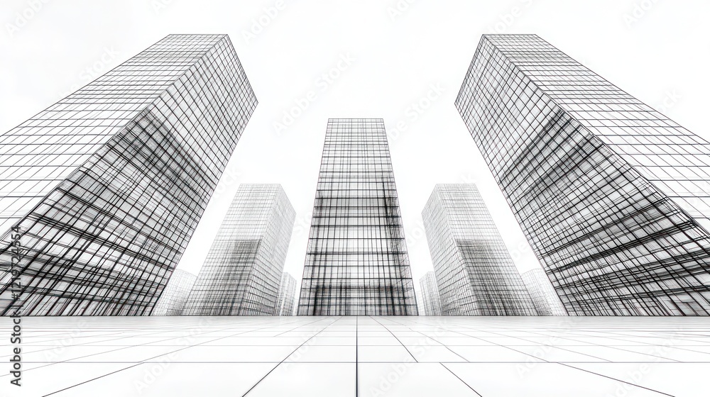 Skyscraper towers in bright, minimal scene. Skyscraper towers in bright, minimal scene.