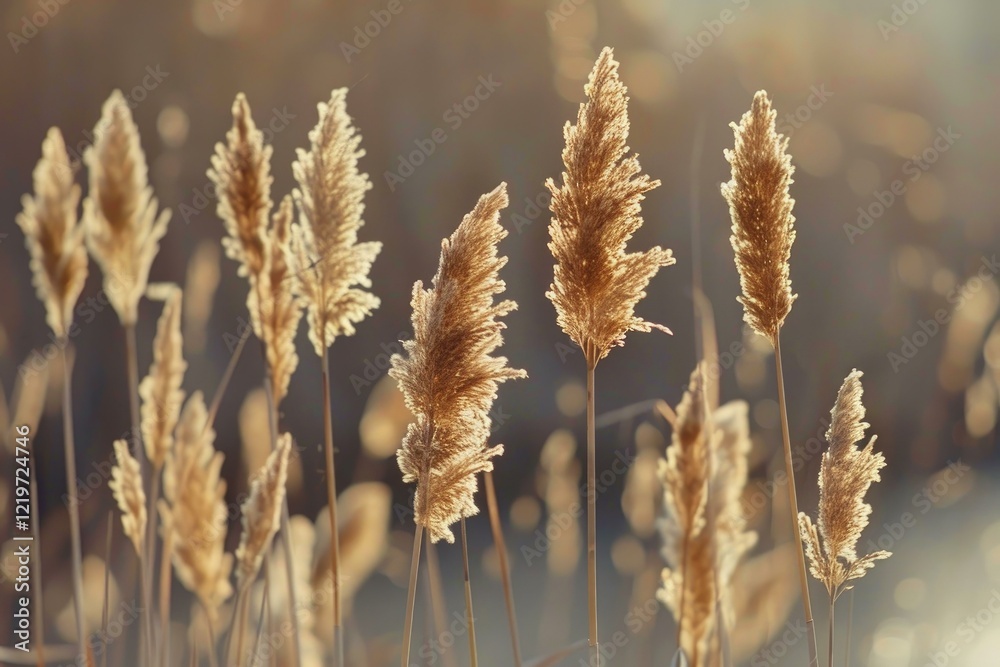 Dry common reed plumes shining in warm sunlight during sunset in winter Dry common reed plumes shining in warm sunlight during sunset in winter
