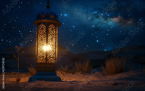 Traditional Arabic lantern glowing against a starry desert sky, symbolizing Ramadana??s serene nights photo