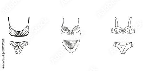 Swimming suits set. Doodle bikini collection. Modern and classic style swimwear sketches. Plus siaze swimsuits set.