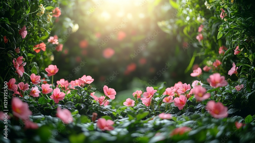 Sunlit Garden with Blooming Pink Flowers Sunlit Garden with Blooming Pink Flowers