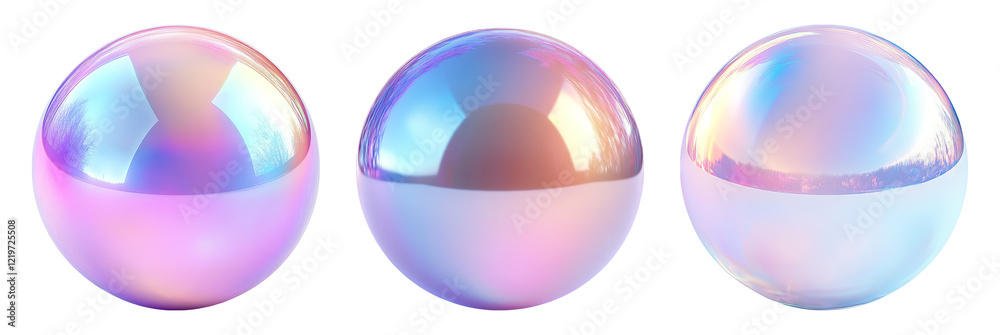 Three glossy spheres with iridescent surfaces isolated on a transparent background Three glossy spheres with iridescent surfaces isolated on a transparent background