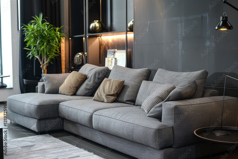 Fototapeta premium Modern living room showcasing a comfortable gray sofa, stylish decor, and a cozy ambiance, perfect for relaxation and modern living