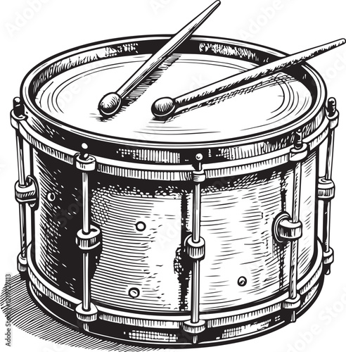 Drum Sketch Drawing Linear Art Engraving Black and White Vector Illustration Isolated on White