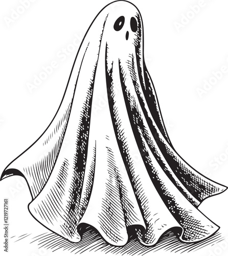 Halloween Spooky Scary Ghost in Sheet Sketch Drawing Linear Art Engraving Black and White Vector Illustration Isolated on White