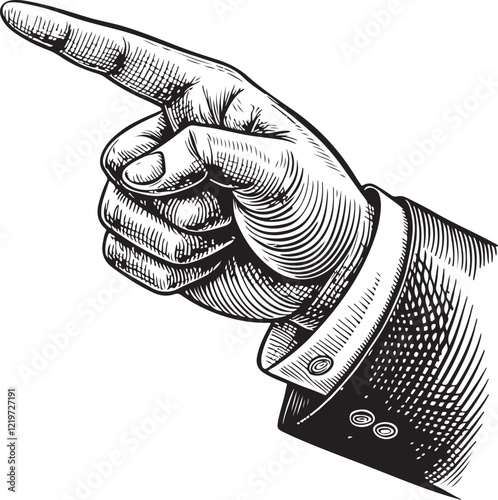 Directional Hand Pointing with Finger Direction Sketch Drawing Linear Art Engraving Black and White Vector Illustration Isolated on White