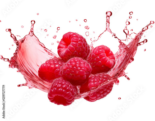 Ripe raspberries creating splashing juice on transparent background