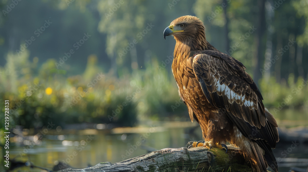 Fototapeta premium A large brown eagle is perched on a tree branch by a body of water