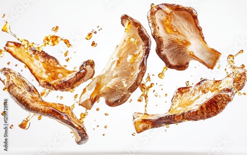 Grilled king oyster mushrooms with honey glaze splashes, floating in mid-air, bright white background photo