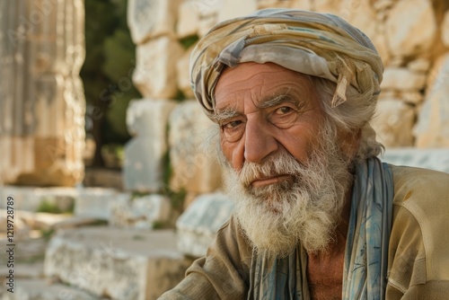 Elderly man posing in front of the ruins of ephesus, an ancient greek city on the coast of ionia, in present day turkey photo