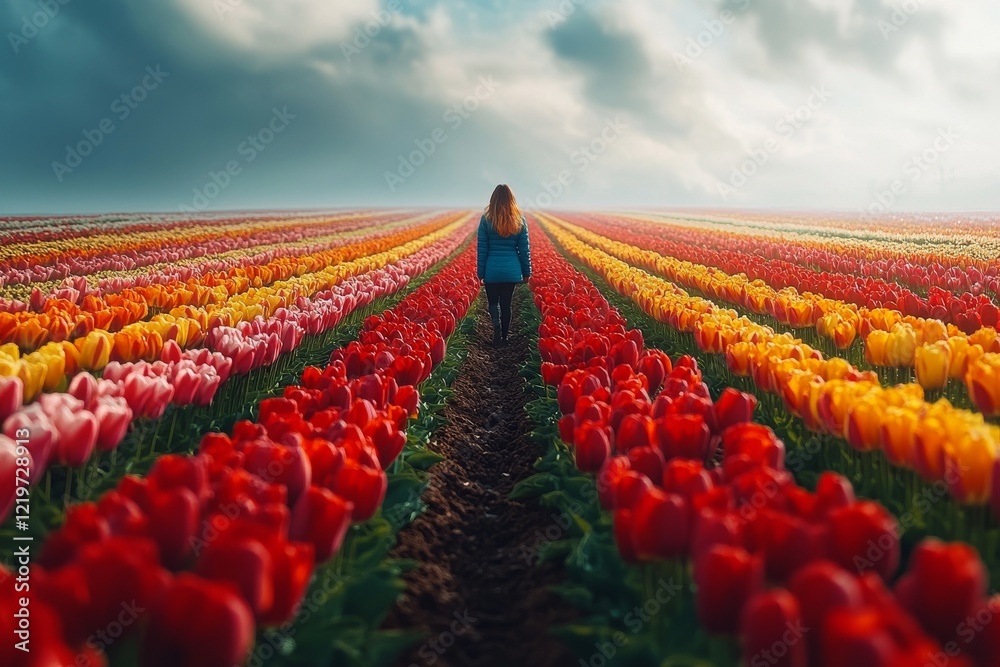 Fototapeta premium A Kaleidoscope of Blooming Tulips: Capturing the Radiant Beauty of Spring with a Vibrant Field Bursting in Various Colors and Rows