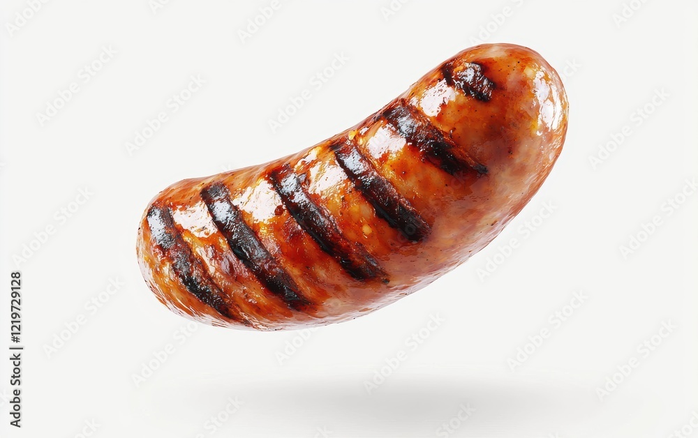 Juicy grilled sausage floating in mid-air, grill marks visible, dynamic lighting, bright white background Juicy grilled sausage floating in mid-air, grill marks visible, dynamic lighting, bright white background