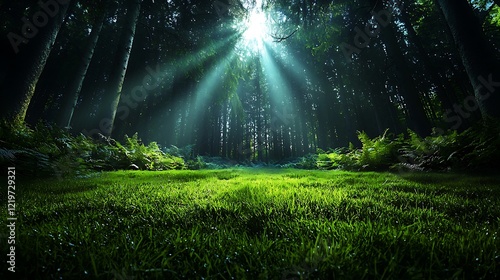 Sunbeams in dark forest, green grass, peaceful nature scene, background ideal for fantasy, meditation