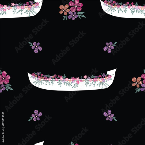 seamless repeat pattern with beautiful and colorful flowers on a white boat on a black background perfect for fabric, scrap booking, wallpaper, gift wrap projects